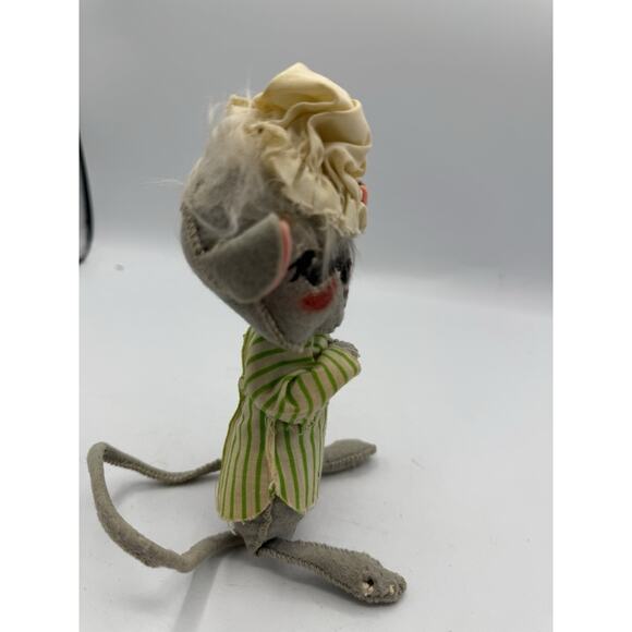 1971 Annalee Mouse Doll 6” Green Stripe Pajamas Shower Cap Felt VTG Sleepy Look - Picture 2 of 6
